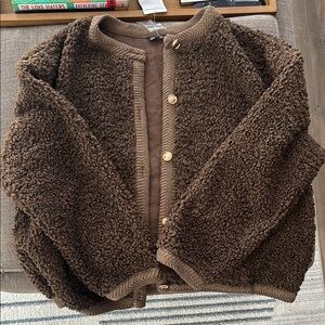 Brown Sherpa Button-Up Jacket with Plush Texture